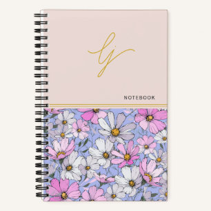 Carnet Élégant Monogramme Gold Script Rose Blue Flowers