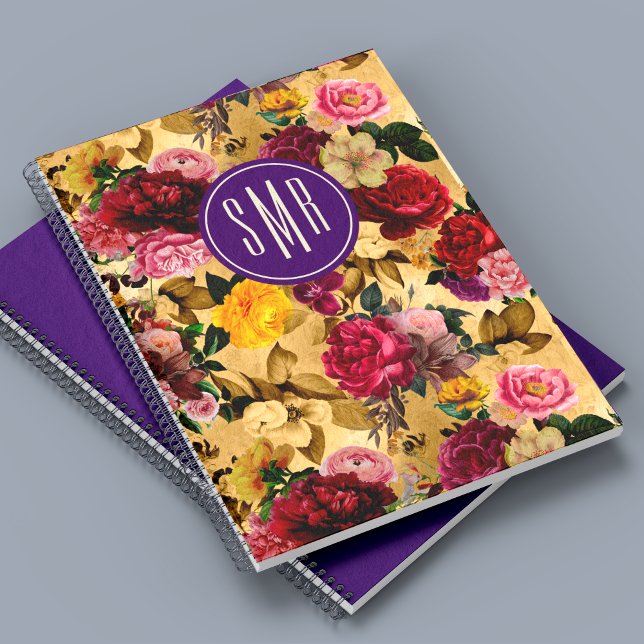 Carnet Élégant monogramme jaune de fleurs roses (Créateur téléchargé)