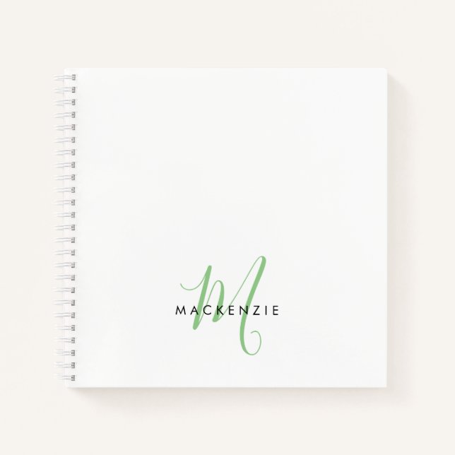 Carnet Élégant Monogramme moderne blanc vert Script (Devant)