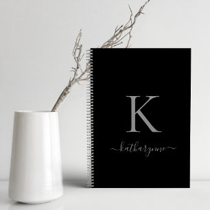 Carnet Élégant Monogramme noir et argent Nom du script