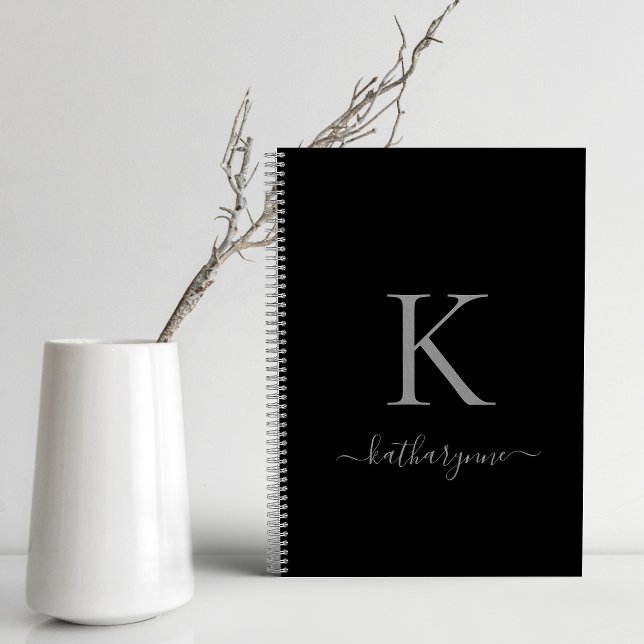Carnet Élégant Monogramme noir et argent Nom du script (Créateur téléchargé)