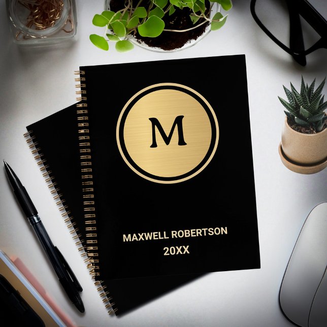 Carnet Élégant Monogramme professionnel Black Gold modern (Elegant Modern Gold Black Professional Monogram Notebook is great to write notes every day. )