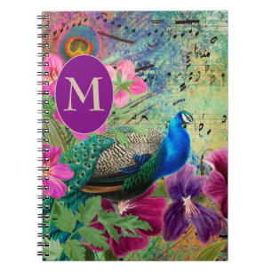 Carnet Élégant Monogramme Vintage Bleu Vert Paon