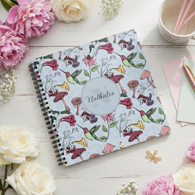 Carnet Élégant Motif de colibri floral bleu (Pretty Colibri & Flowers Blue Pattern.Feminine Monogram Square Hummingbird Garden Notebook for Her)