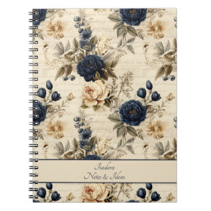 Carnet Elégant motif floral Rose crème bleue