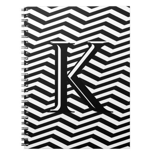 Carnet Élégant noir blanc Chevron Stripe Monogramme perso (Devant)