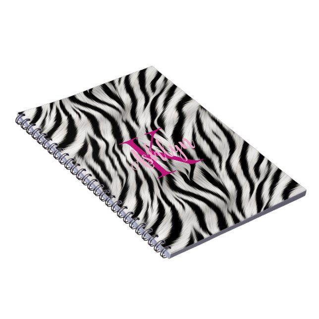 Carnet Élégant noir blanc zèbre animal rose monogramme (Côté Droit)