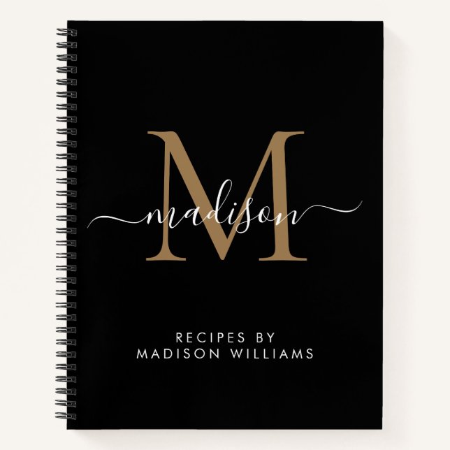 Carnet Élégant Noir Monogramme Nom du script Recette (Devant)