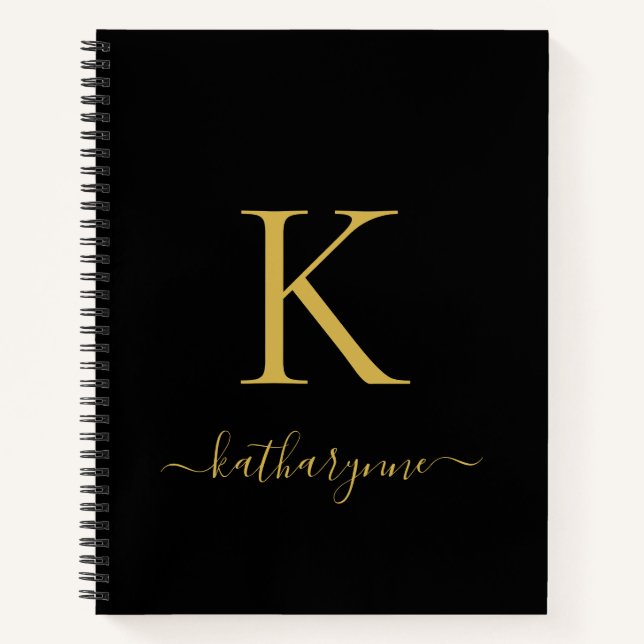 Carnet Élégant Noir Monogramme Or Nom du script (Devant)