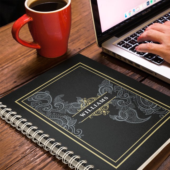 Carnet Élégant Noir Paisley Monogrammé (Créateur téléchargé)
