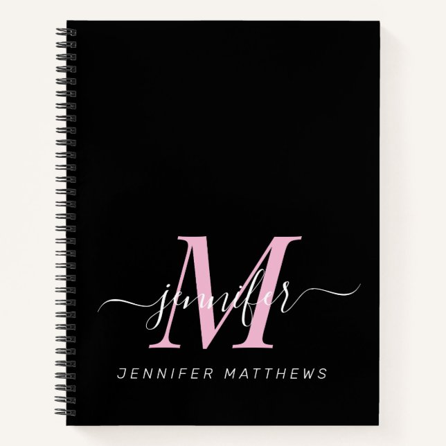 Carnet Élégant Noir Rose Personnalisé Nom Monogramme (Devant)
