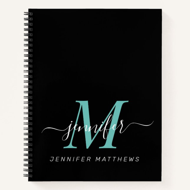 Carnet Élégant Noir Turquoise Personnalisé Nom Monogramme (Devant)
