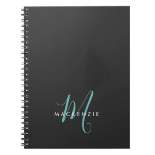 Carnet Élégant Noir Turquoise Script Monogramme moderne