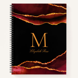 Carnet Élégant nom de monogramme Bourgogne rouille or noi