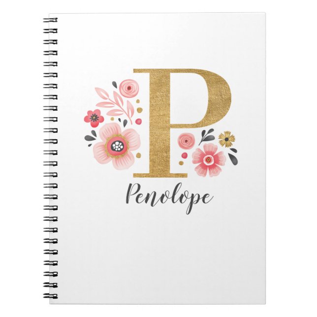 Carnet Élégant nom de monogramme rose blanc bureau floral (Devant)
