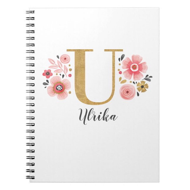 Carnet Élégant Nom Monogramme Floral Blanc Pink Script (Devant)