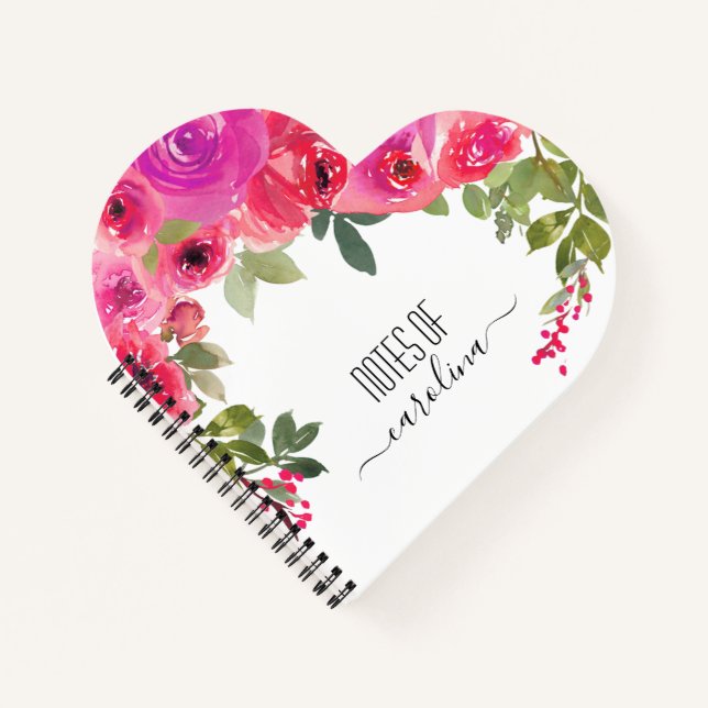 Carnet Elégant nom rose girly floral rose aquarelle (Devant)