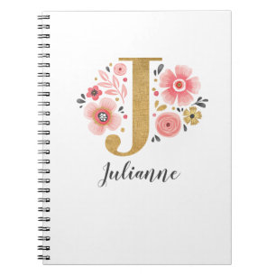 Carnet Élégant Pink Gold Floral Monogramme Lettre initi