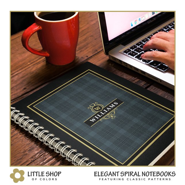 Carnet Élégant Plaid Monogrammé à Carreaux Noir Doré (Créateur téléchargé)