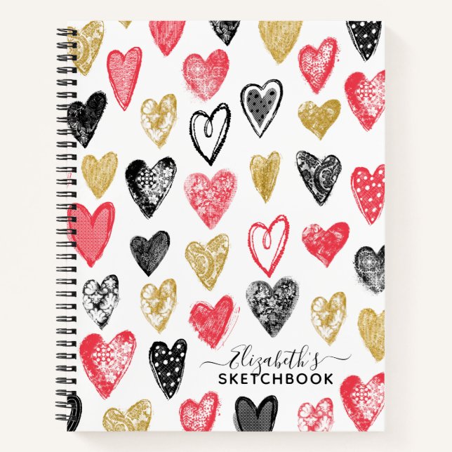Carnet Elégant Red Black Hearts Votre nom Sketchbook (Devant)