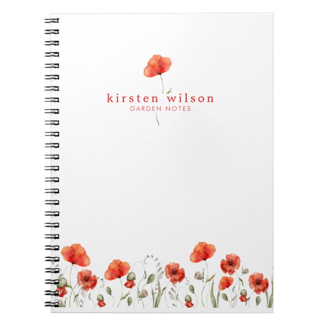 Carnet Elégant rouge Aquarelle Fleurs de Pavot Personnali (Devant)