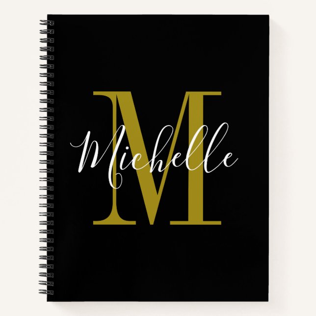 Carnet Élégant Script Black Gold Monogramme Nom (Devant)