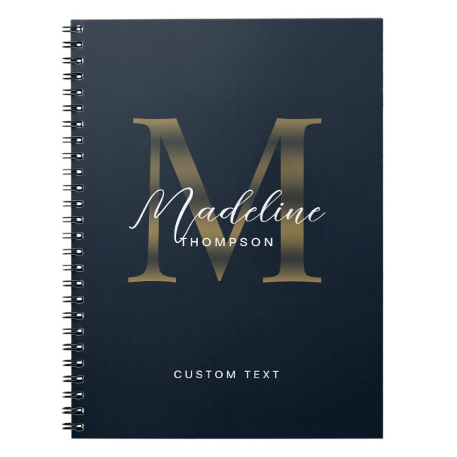 Carnet Élégant Script Monogramme Bleu Nuit Métallisé Or (Devant)