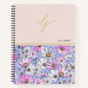 Carnet Élégant script monogramme or fleurs roses bleues