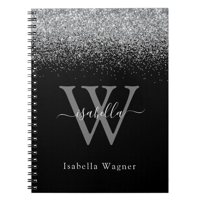 Carnet Élégant script pailleté argent monogrammé (Devant)