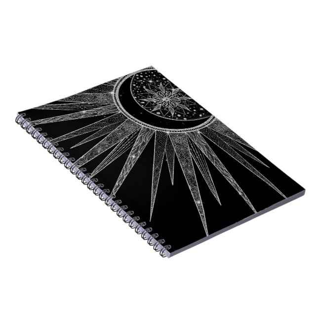 Carnet Elégant Silver Sun Moon Mandala Black Design (Côté Droit)