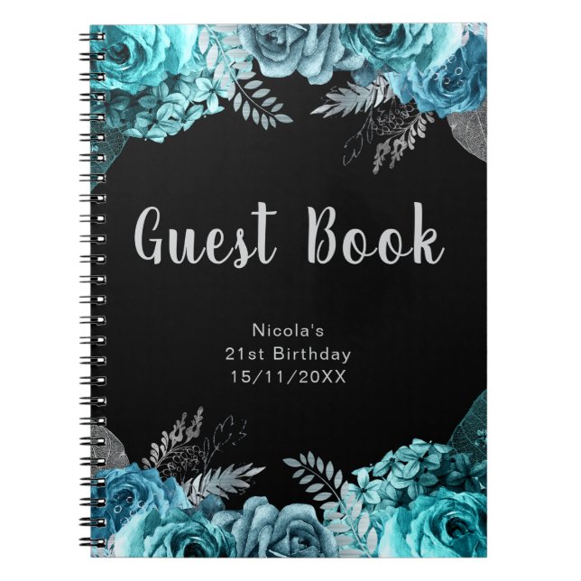 Carnet Elegant Teal Blue and Silver Flower Guest Book (Devant)