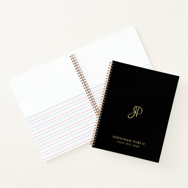 Carnet Élégant Tendance Script Monogrammé Noir Et Or (Intérieur)