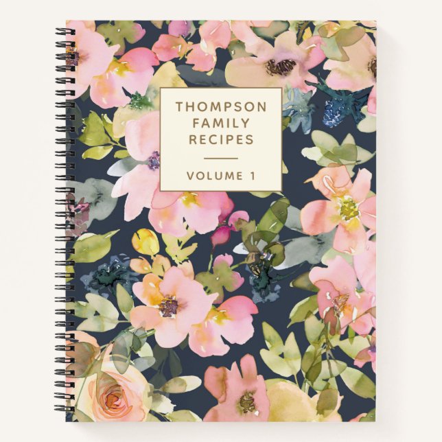 Carnet Elégant Vintage Navy Floral Recette personnalisée  (Devant)
