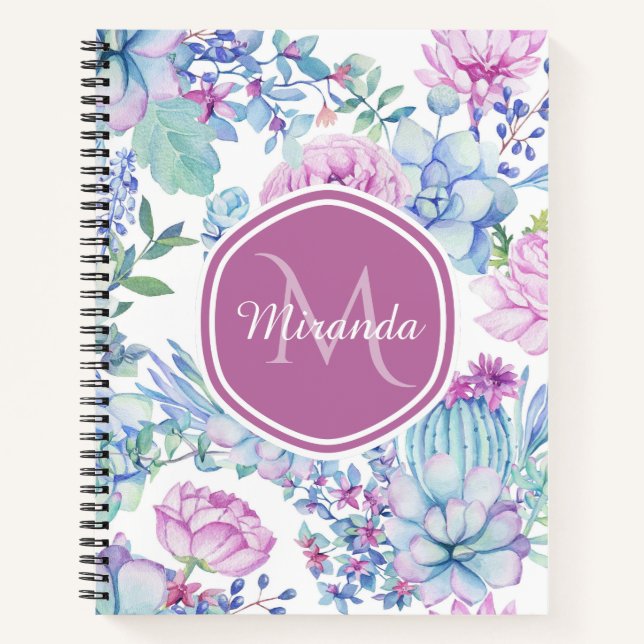 Carnet Élégant violet et bleu Succulent Floral avec nom (Devant)