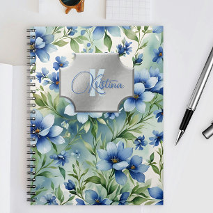 Carnet Elégante aquarelle bleue florale avec plaque argen