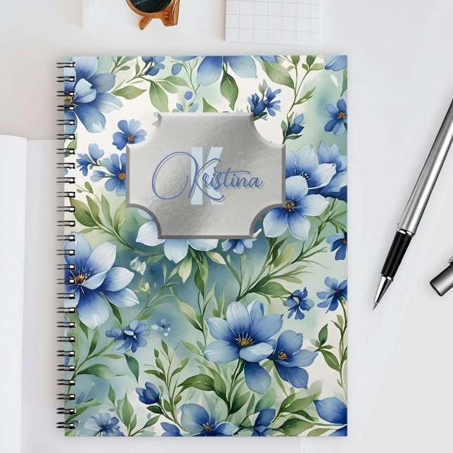 Carnet Elégante aquarelle bleue florale avec plaque argen (Créateur téléchargé)