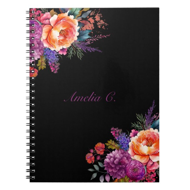 Carnet Elégante aquarelle Floral Noir (Devant)