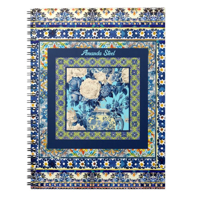 Carnet Élégante chinoiserie de tuile bleu floral monogram (Devant)