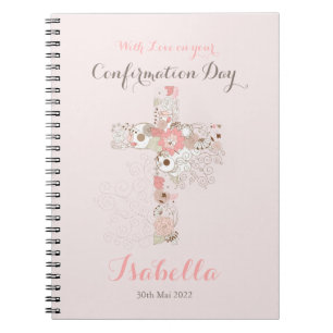 Carnet Elégante croix florale de confirmation rose vif