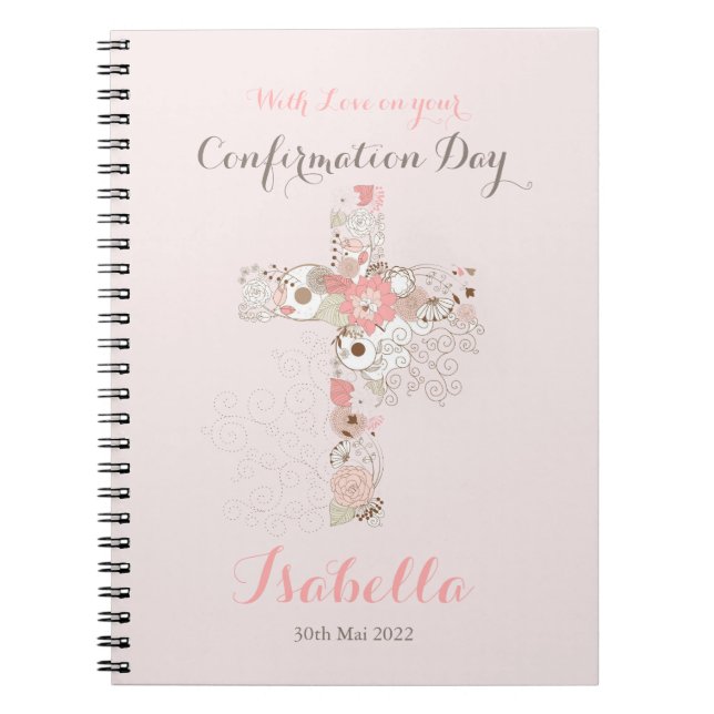 Carnet Elégante croix florale de confirmation rose vif (Devant)