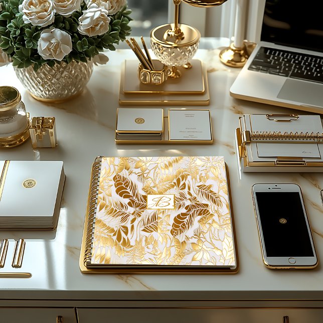 Carnet Elégante feuille Monogrammed or et ivoire Monstera (Beautiful Luxe Gilded Gold Monstera Leaf Monogrammed Notebook/Soft Cover Glossy, Hardcover Matte )
