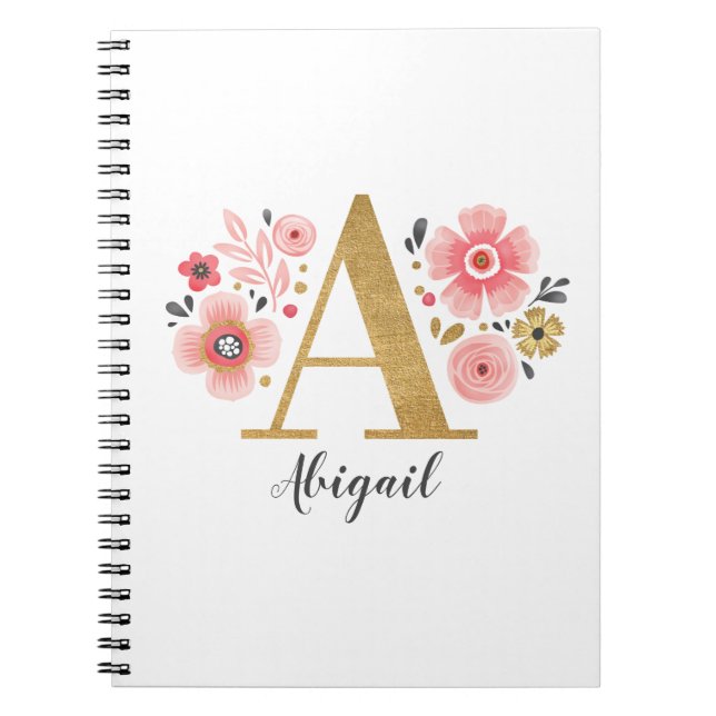 Carnet Élégante Lettre florale Monogramme rose blanc A (Devant)