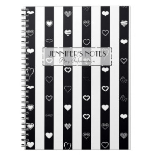 Carnet Élégantes rayures noires et blanches Motif de cœur
