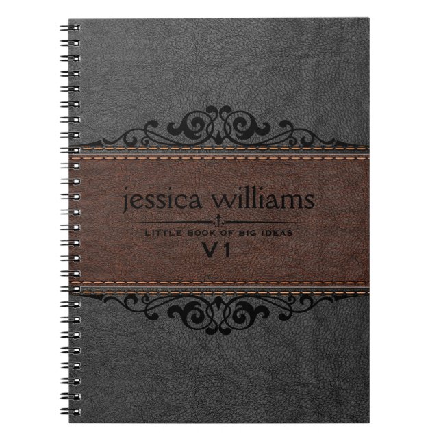 Carnet Élément Brown et noir en cuir noir Floral (Devant)