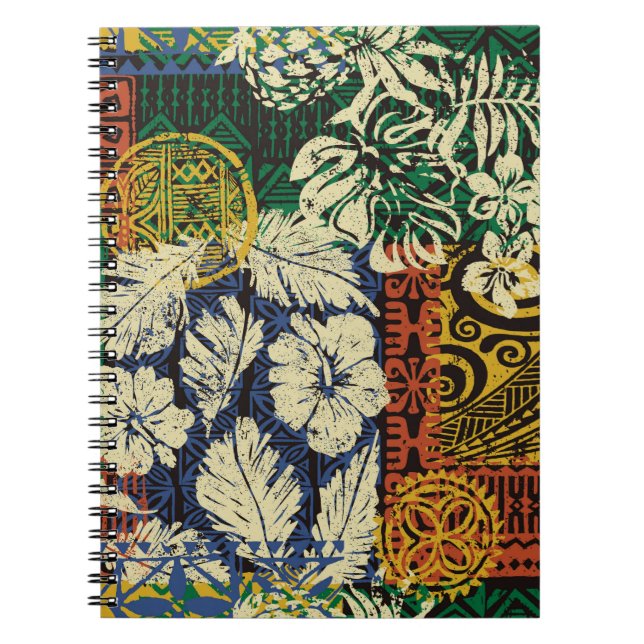 Carnet Éléments tribaux hawaïens et tissu hibiscus (Devant)