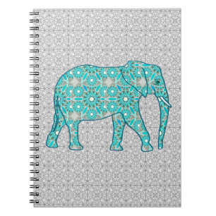 Carnet Eléphant fleur Mandala - turquoise, gris & blanc