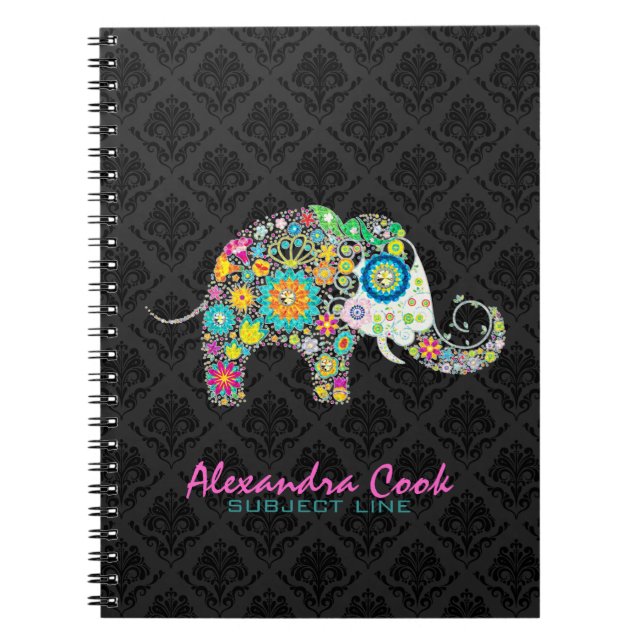 Carnet Eléphant floral coloré noir Damas (Devant)