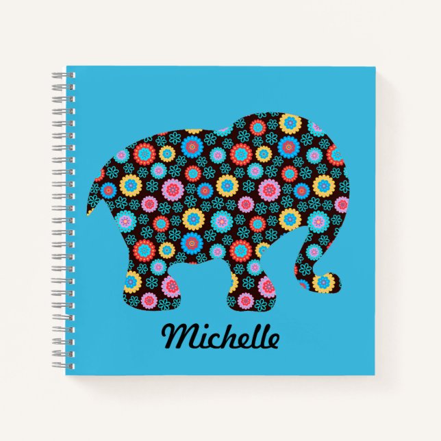 Carnet Eléphant Motif Fleur sur Bleu Personnalisé (Devant)
