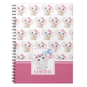 Carnet Éléphant Rose Féminin avec Nœud et Motif de Ballon