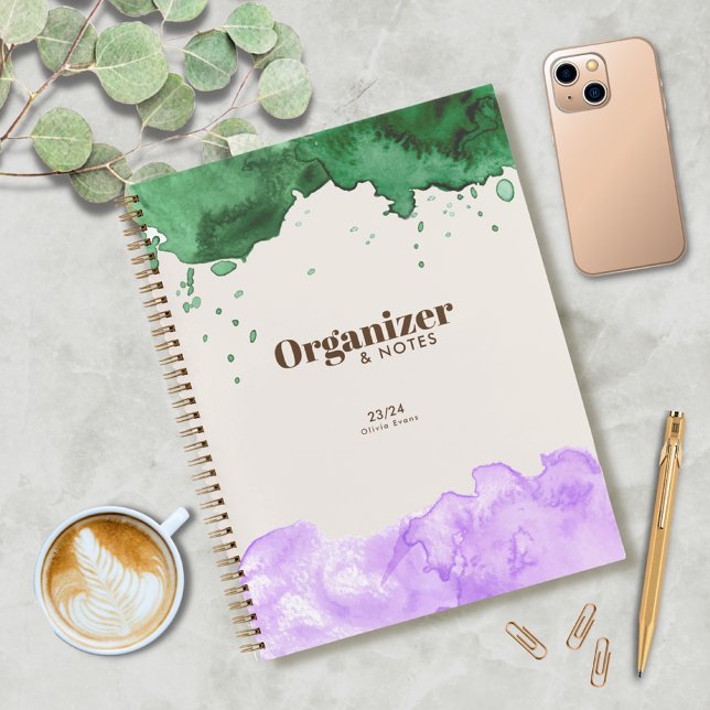 Carnet Emerald Green & Lavender Aquarelle Personnaliser (Super elegant Notebook for work or studies)